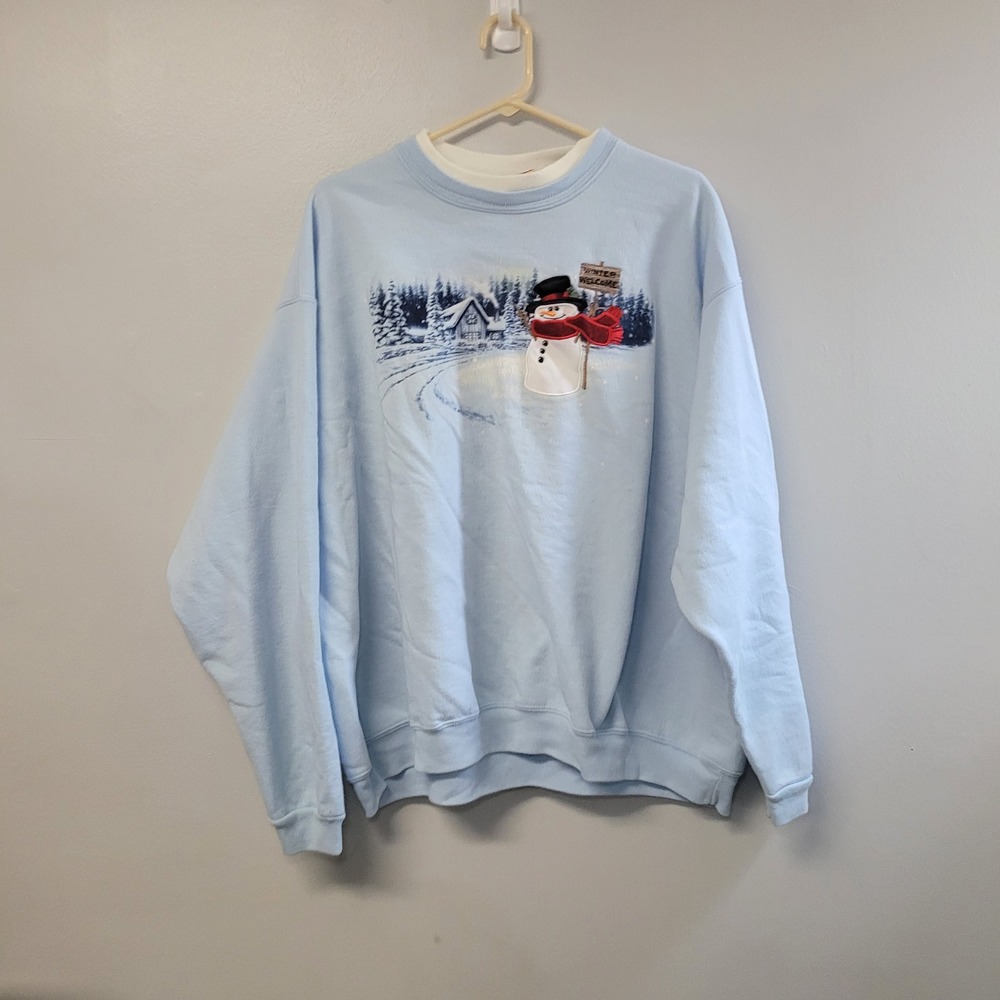 Top Stitch Morning Sun Snowman Winter Scene Sweatshirt Light Blue 3X